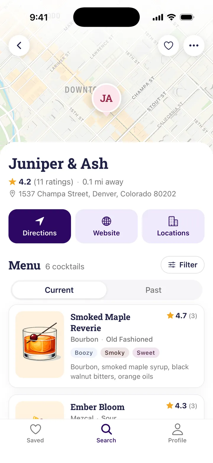 The Juniper & Ash venue page in the LemonDrop app